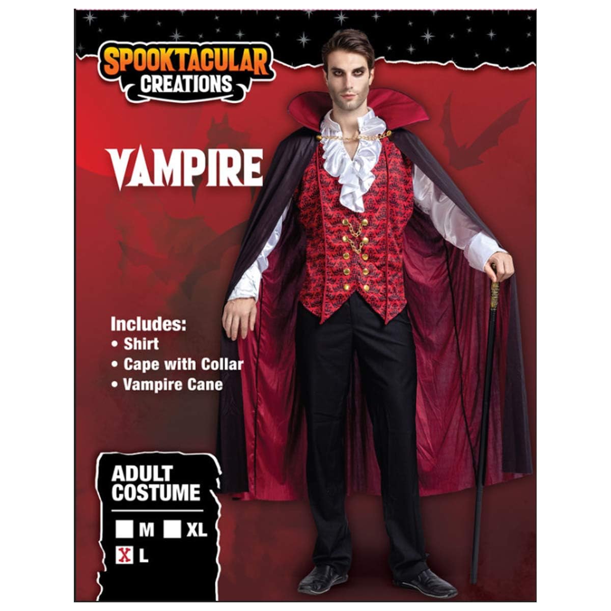 Scary Vampire Costume with Shirt, Cape with Stand-Up Collar and Cane | Adult Men Halloween Costume | Sizes S - 2XL