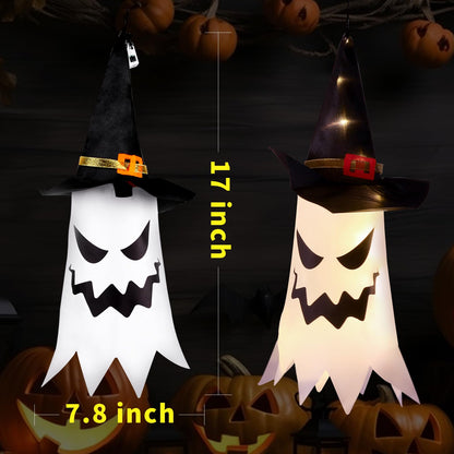 Glowing Ghost With Witch Hat Hanging Ornament | 4pc Halloween Decorations