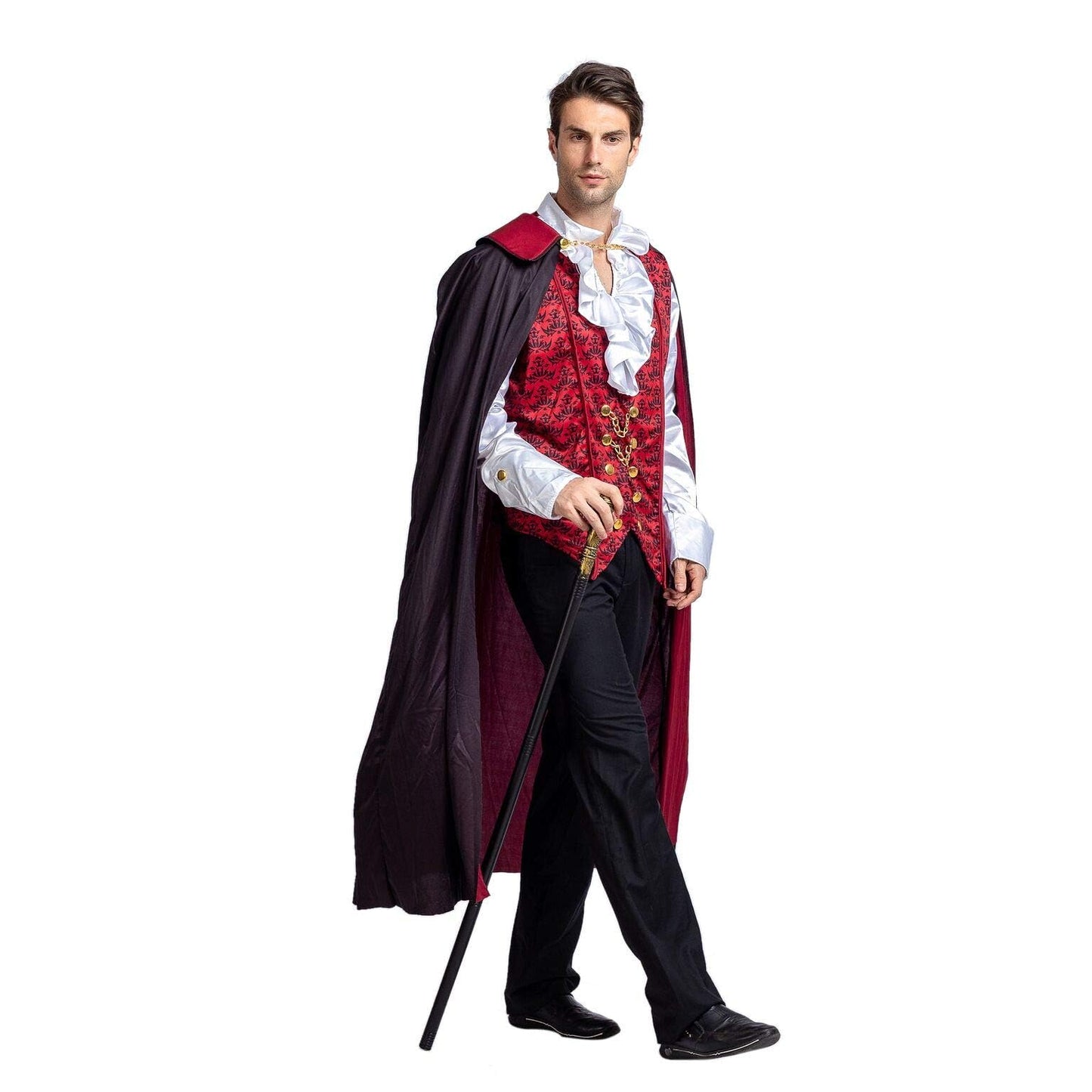 Scary Vampire Costume with Shirt, Cape with Stand-Up Collar and Cane | Adult Men Halloween Costume | Sizes S - 2XL