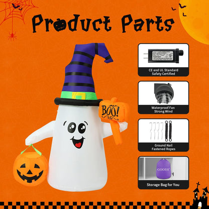 Inflatable Ghost with Pumpkin Basket and "Boo!" Sign | 5ft Halloween Outdoor Decorations