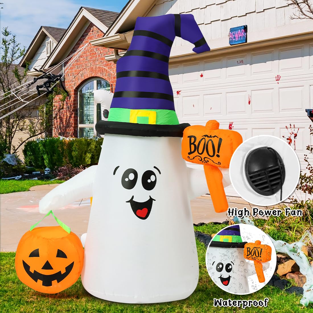 Inflatable Ghost with Pumpkin Basket and "Boo!" Sign | 5ft Halloween Outdoor Decorations