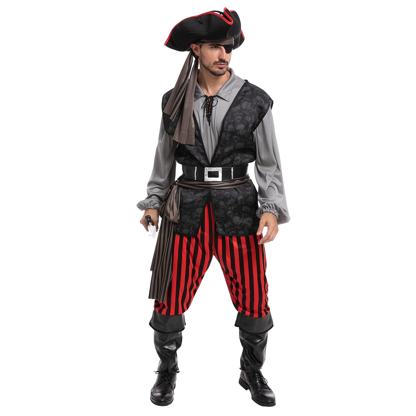 Pirate of the Caribbean with Hat, Bandana and Eyepatch | Men's Halloween Costume | Sizes S - 2XL