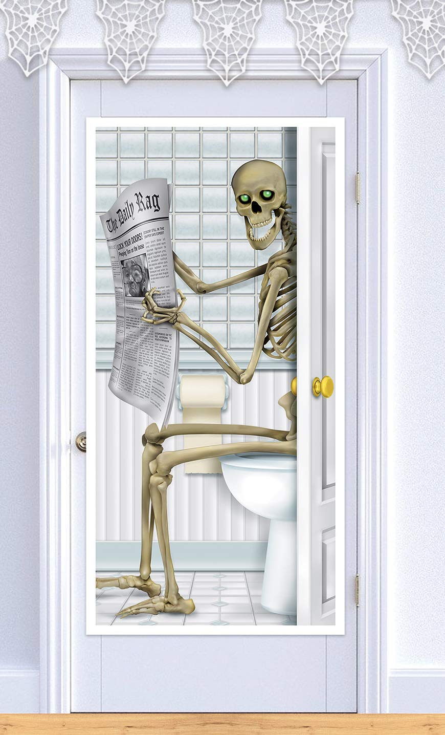 Funny Skeleton On the Toilet Reading Newspaper Halloween Door Cover | 9 Designs Available | Halloween Party Decorations