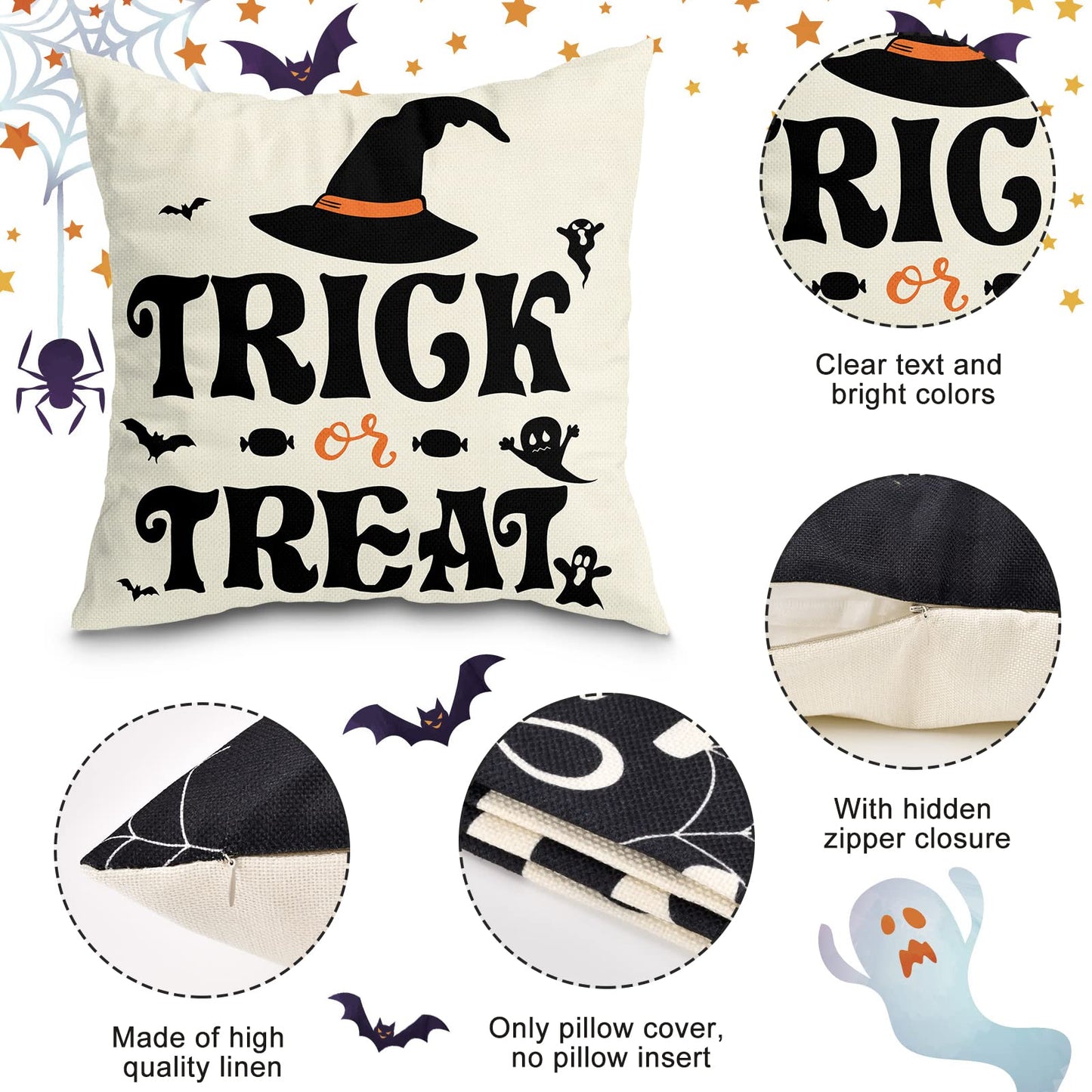 Pillow Covers Halloween Decorations | 18x18 Set of 4 Halloween Cushion Covers