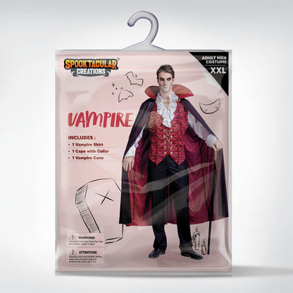 Scary Vampire Costume with Shirt, Cape with Stand-Up Collar and Cane | Adult Men Halloween Costume | Sizes S - 2XL