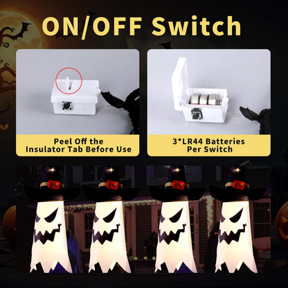 Glowing Ghost With Witch Hat Hanging Ornament | 4pc Halloween Decorations