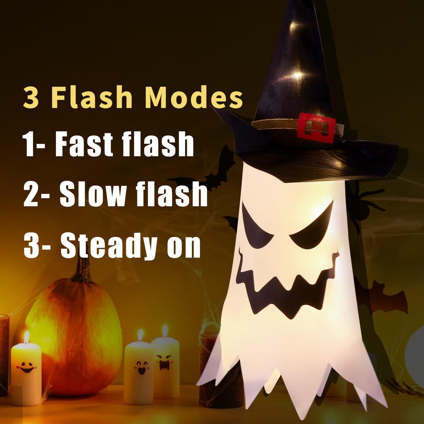 Glowing Ghost With Witch Hat Hanging Ornament | 4pc Halloween Decorations