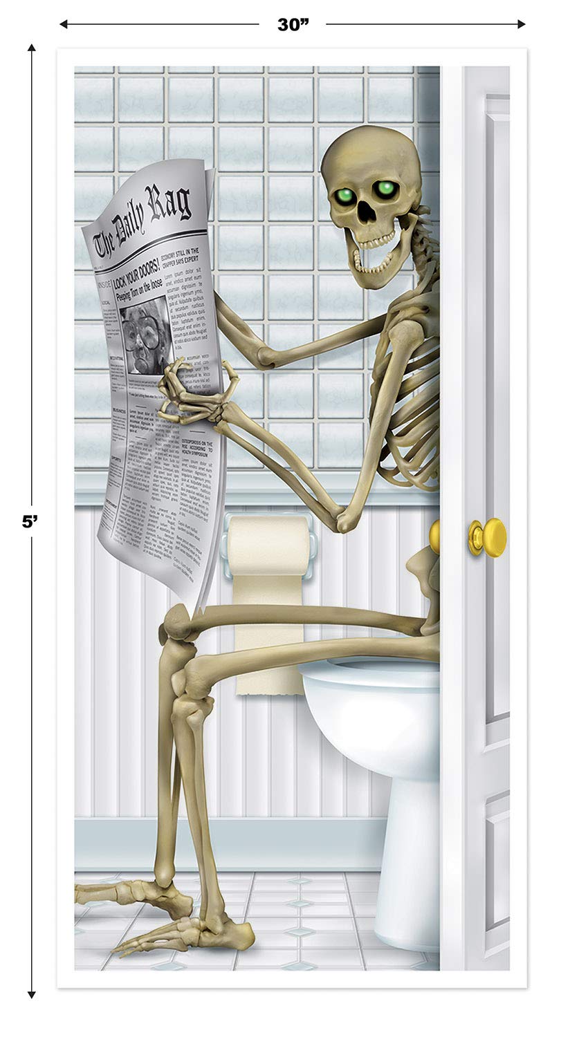 Funny Skeleton On the Toilet Reading Newspaper Halloween Door Cover | 9 Designs Available | Halloween Party Decorations