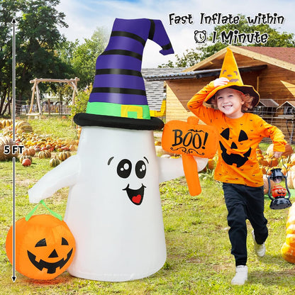 Inflatable Ghost with Pumpkin Basket and "Boo!" Sign | 5ft Halloween Outdoor Decorations