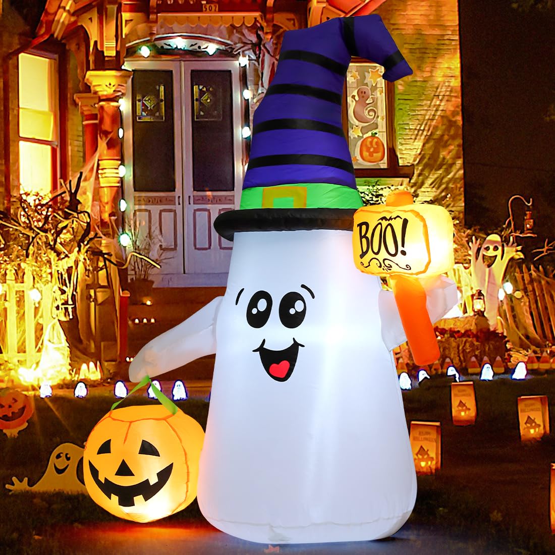 Inflatable Ghost with Pumpkin Basket and "Boo!" Sign | 5ft Halloween Outdoor Decorations