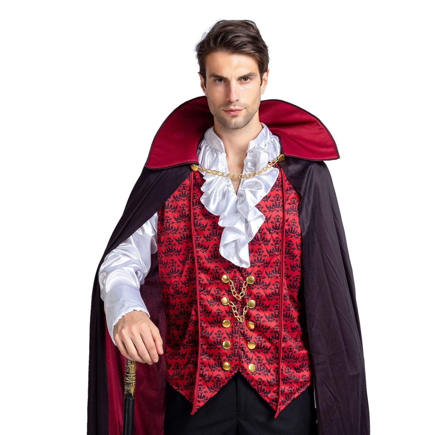 Scary Vampire Costume with Shirt, Cape with Stand-Up Collar and Cane | Adult Men Halloween Costume | Sizes S - 2XL