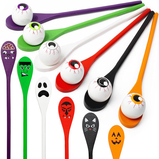 JOYIN Halloween Egg and Spoon Race Game - 6 Eggs and 6 Spoons - Made of the Finest Wood - Fun Game for Parties, Birthdays and Classroom Activities. Durable, Lightweight |Six Assorted Colors