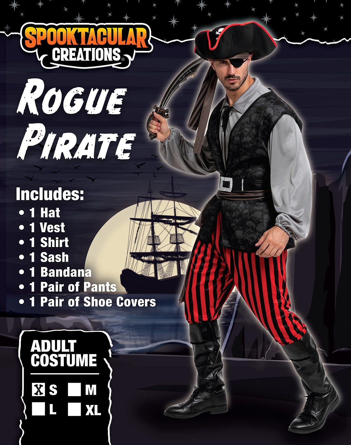 Pirate of the Caribbean with Hat, Bandana and Eyepatch | Men's Halloween Costume | Sizes S - 2XL