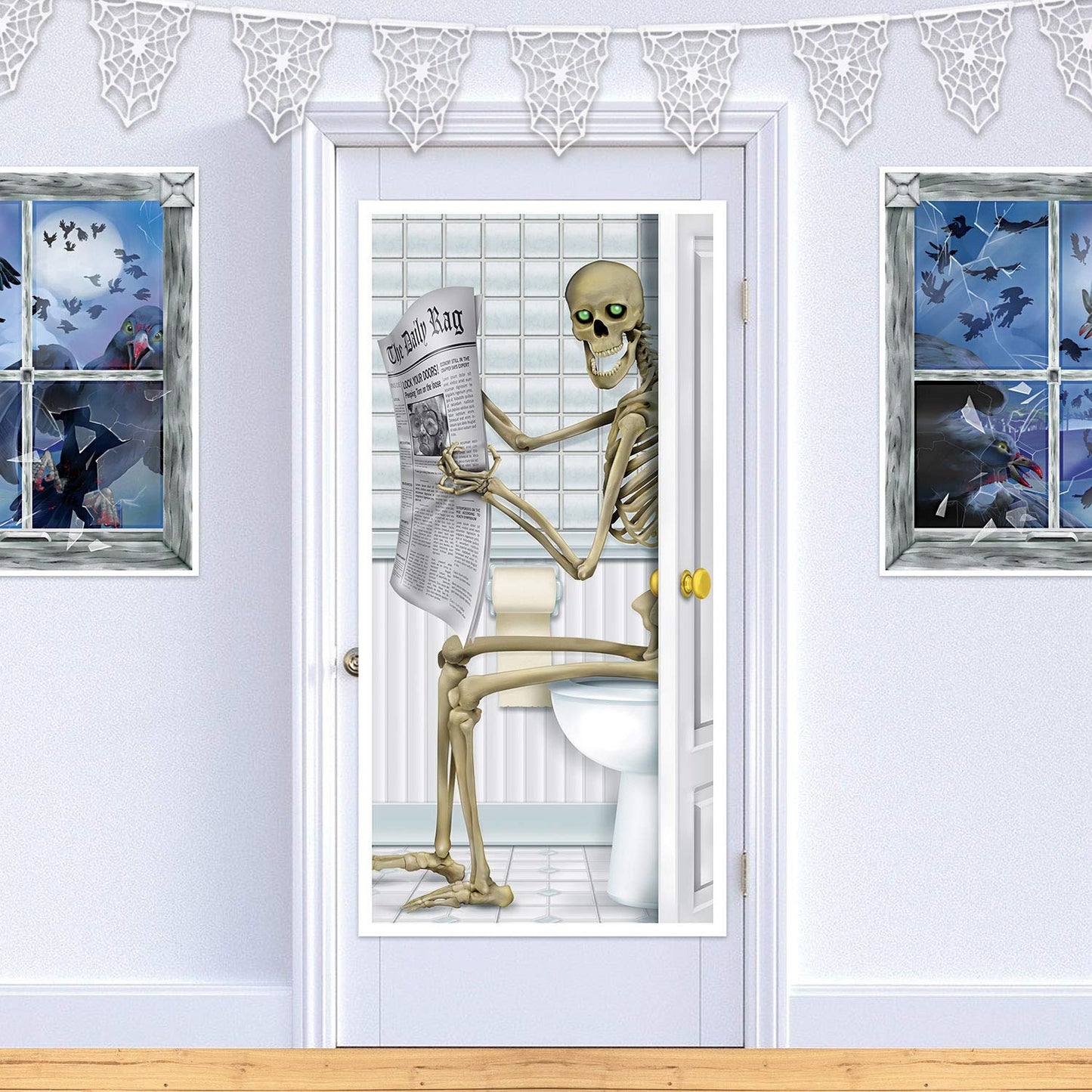 Funny Skeleton On the Toilet Reading Newspaper Halloween Door Cover | 9 Designs Available | Halloween Party Decorations