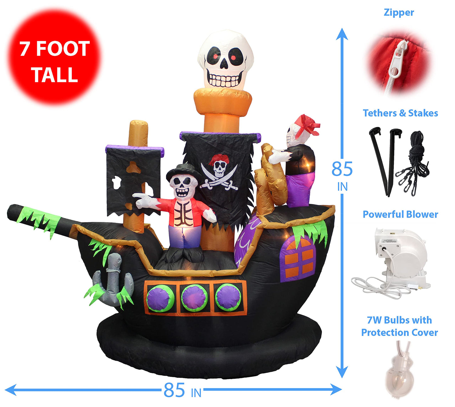 7 Foot Halloween Inflatable Skeletons Ghost Pirate Ship | Halloween Outdoor Decorations