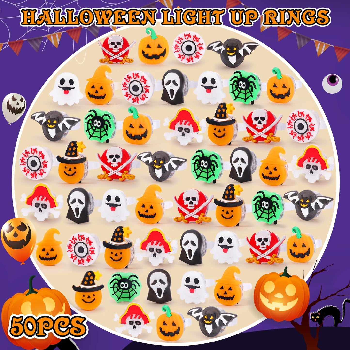 50Pcs Halloween LED Ring Light Up Rings | Halloween Party Favors