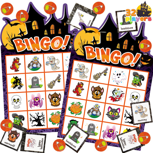 JOYIN 32 Players Halloween Bingo Game, Kids Bingo Cards Set for Large Group School Classroom Family Activities, Halloween Party Games, Halloween Party Supplies Card Game