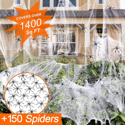 1400 sqft Halloween Spider Webs Decorations with 150 Extra Fake Spiders | Halloween Home Decorations