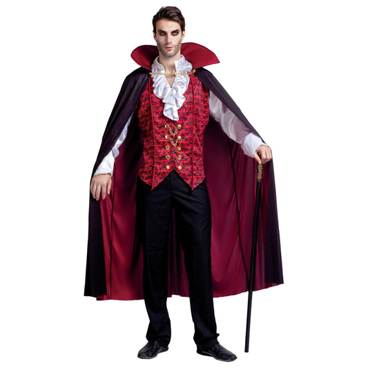 Scary Vampire Costume with Shirt, Cape with Stand-Up Collar and Cane | Adult Men Halloween Costume | Sizes S - 2XL