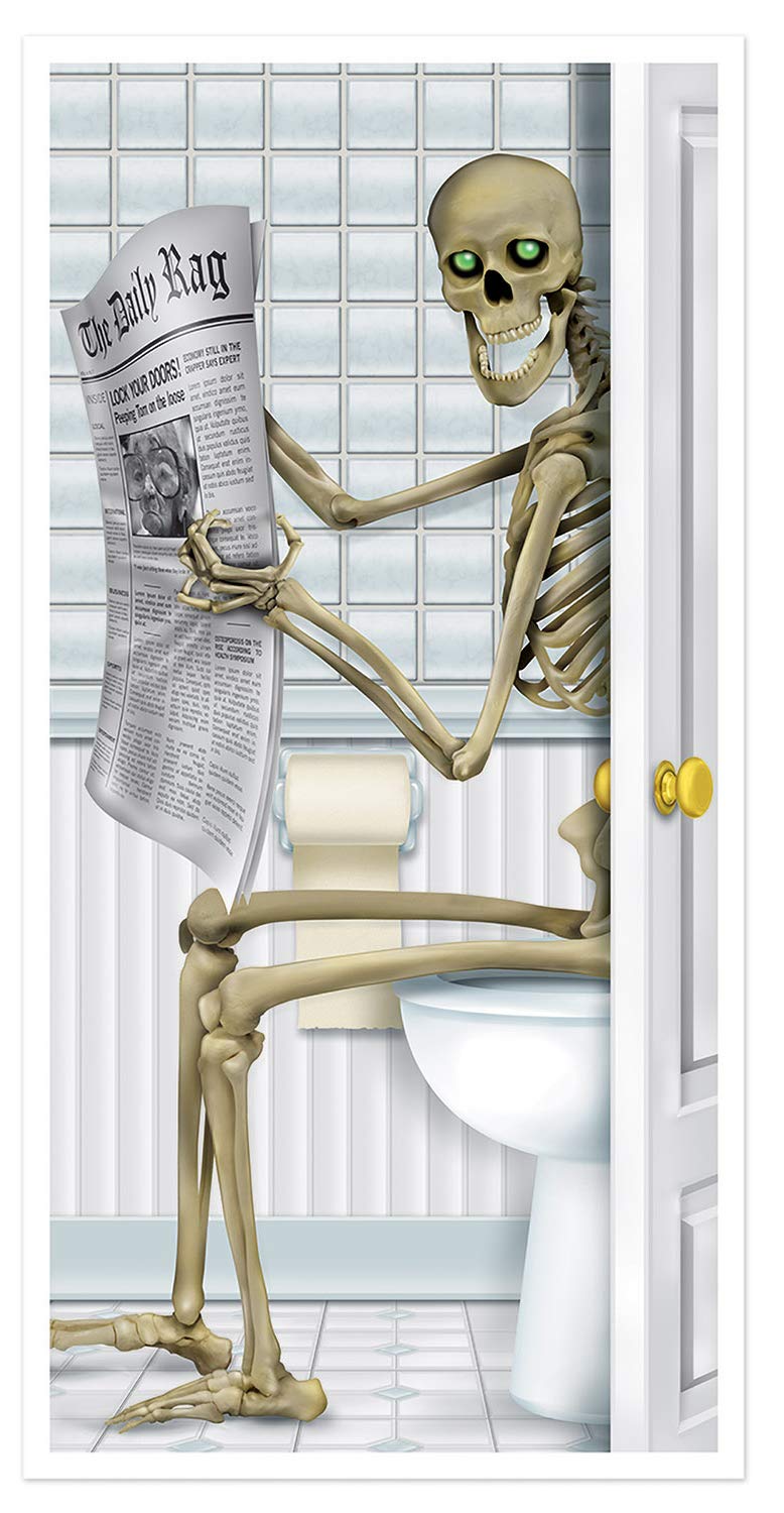 Skeleton on the toilet reading a newspaper