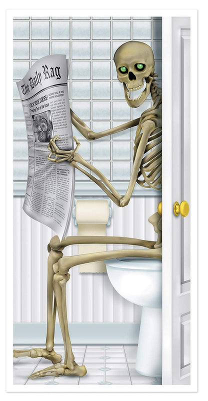 Skeleton on the toilet reading a newspaper